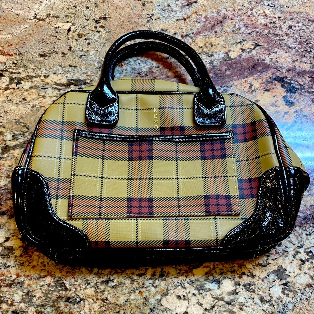 Koko Brown, Black, and White Plaid Insulated Lunch Bag with Patent Leather